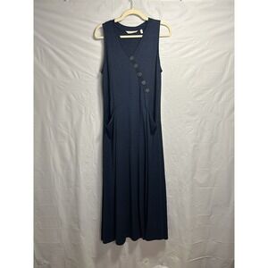 Soft Surroundings Knit Jersey Button Maxi Dress Navy Blue Womens Medium Stretch‎